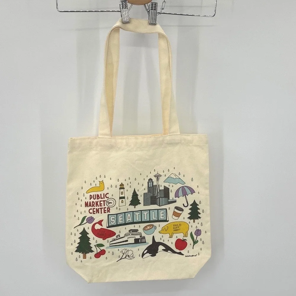 Astoria Gift Co Seattle Public Market Center Canvas Tote Bag Souvenir Cream